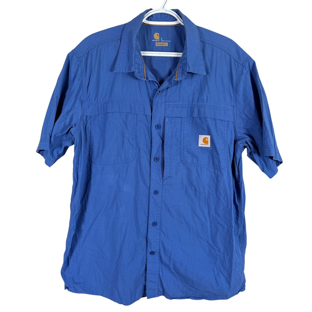 Carhartt Relaxed Fit Force Shirt Mens L Blue Ripstop Short Sleeve Button Up read